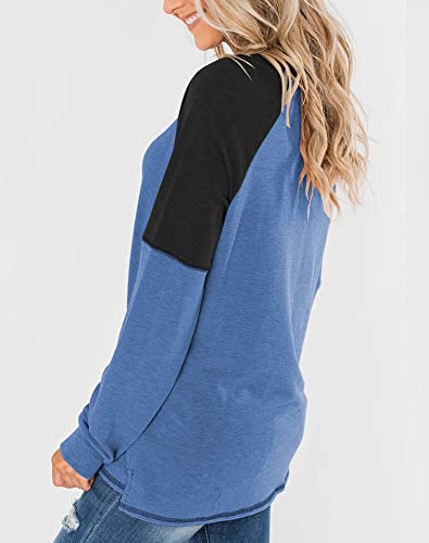 Bingerlily Women's Casual Long Sleeve Tunic Tops Crew Neck Color Block Blouses Blue-Black - Image 2