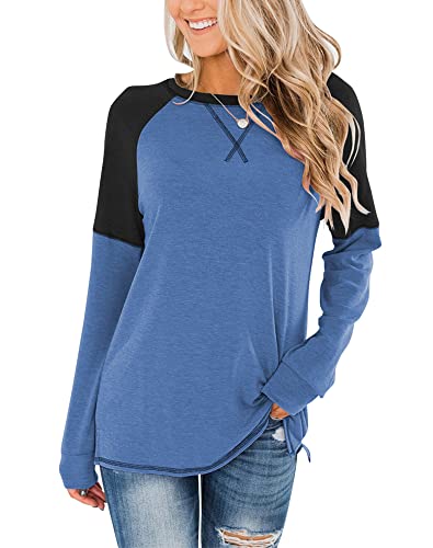 Bingerlily Women's Casual Long Sleeve Tunic Tops Crew Neck Color Block Blouses Blue-Black - Image 4