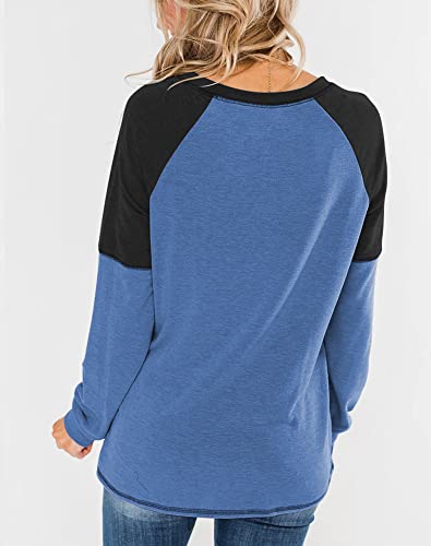 Bingerlily Women's Casual Long Sleeve Tunic Tops Crew Neck Color Block Blouses Blue-Black - Image 3