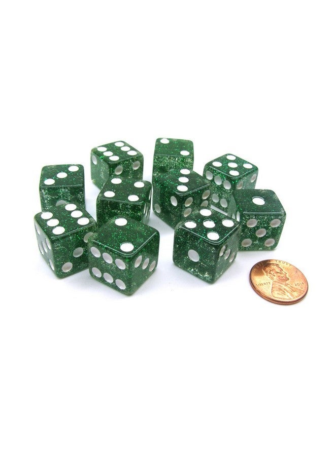 Set of 10 D6 16mm Glitter Dice - Green with White Pips