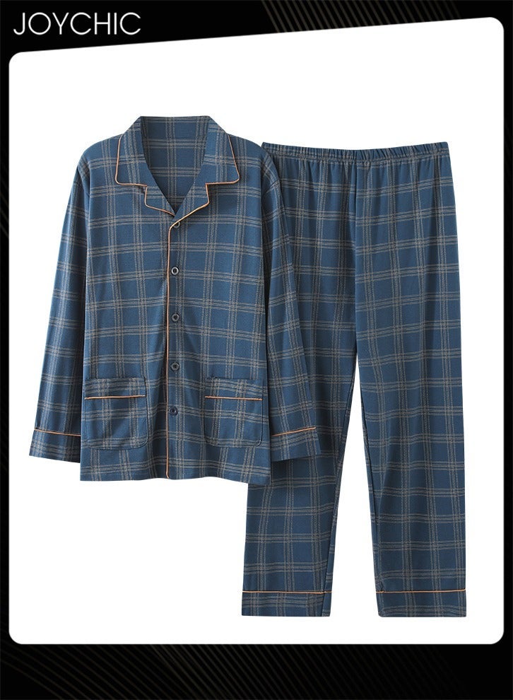 NIBEMINENT 2-piece of Solid Color Lattice Men's Lapel Pajamas Spring and Autumn Winter Pure Cotton Breathable Long-sleeved Homewear with Pockets Blue - Image 1