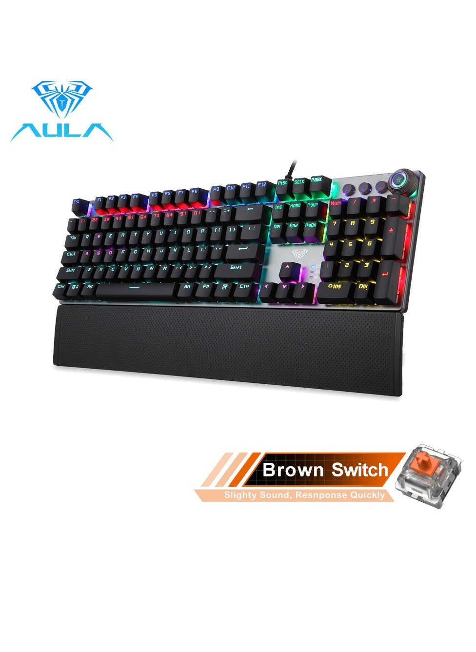 AULA Mechanical Gaming Keyboard NKRO with Wrist Rest RGB Backlit Volume/Lighting Control Knob Fully Programmable 108-Keys Anti-Ghosting Wired Computer Keyboards for Office/Games, Brown Switch 