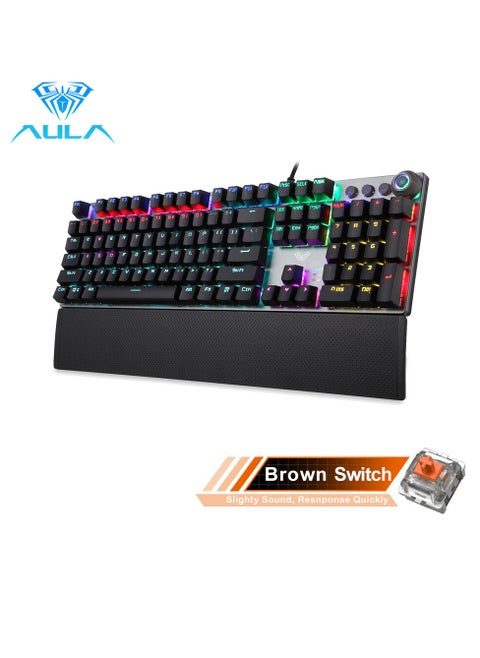 Mechanical Gaming Keyboard NKRO with Wrist Rest RGB Backlit Volume/Lighting Control Knob Fully Programmable 108-Keys Anti-Ghosting Wired Computer Keyboards for Office/Games, Brown Switch