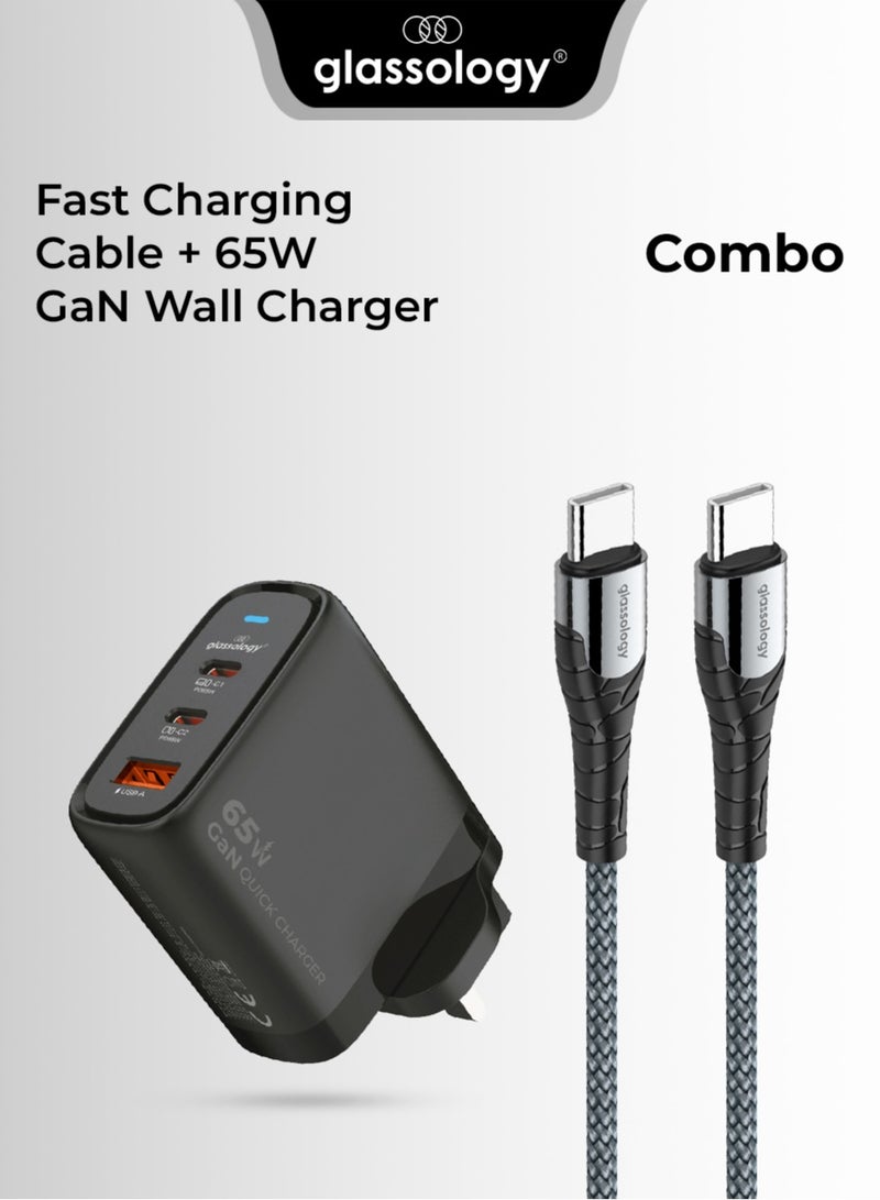 جلاسولوجي 65W Fast Charging Duo – USB-C Cable + GaN Wall Charger (Grey) - Image 1