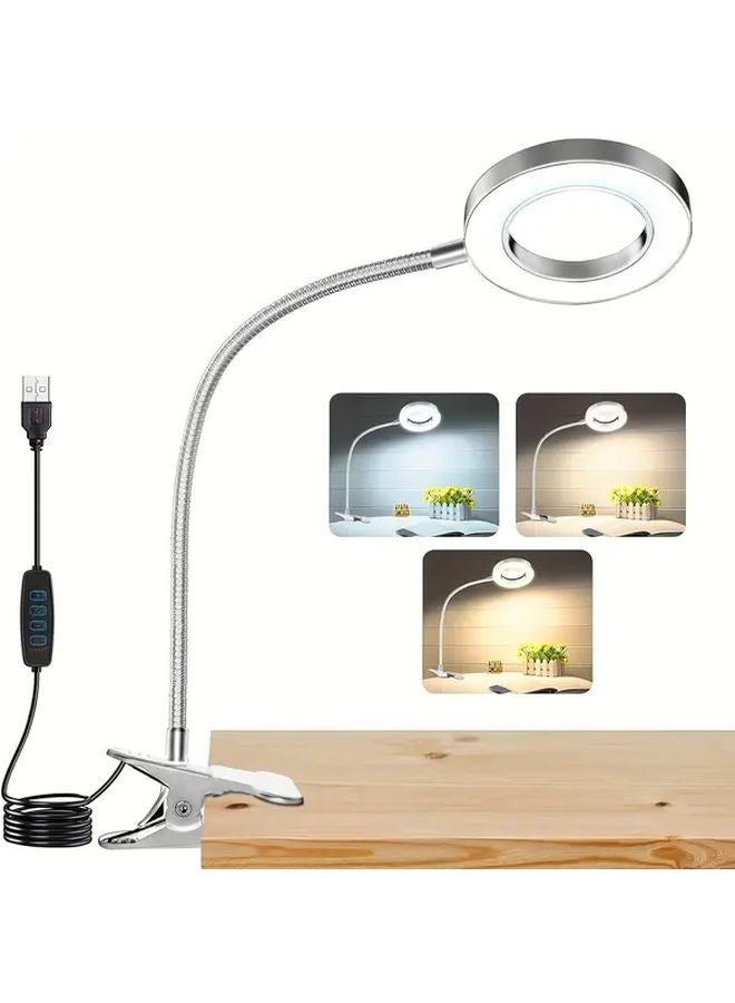 مصباح مكتب LED فضي، 48 مصباح LED، 10 مستويات إضاءة، 3 أوضاع، مصباح قابل للتركيب بالملقط للحرف اليدوية - Image 1