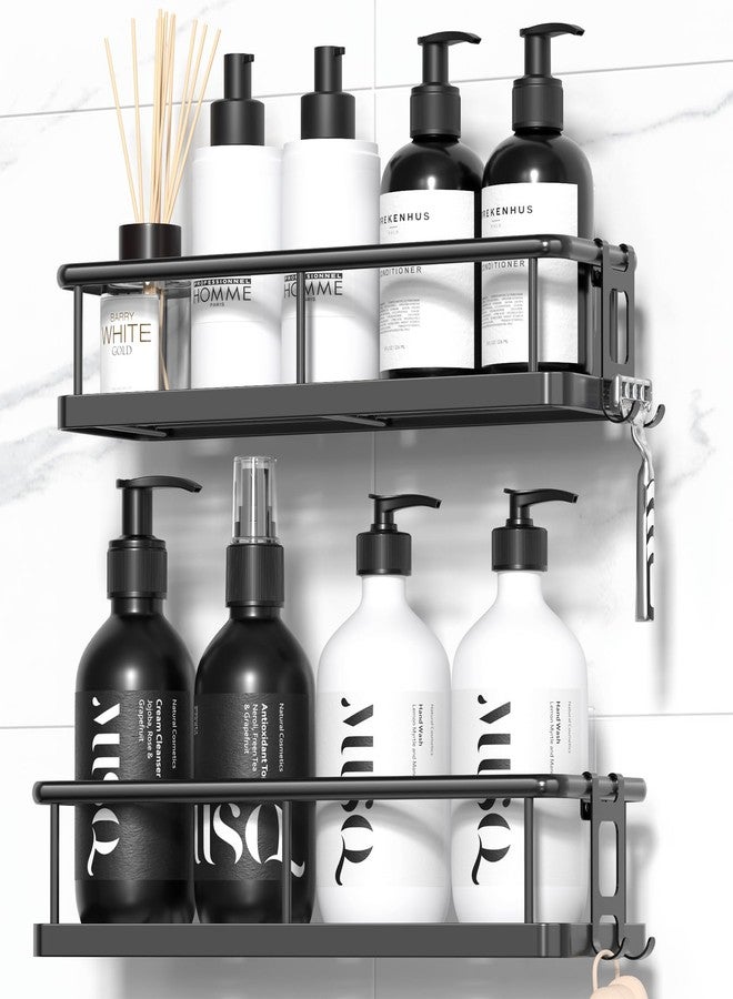 YASONIC Shower Caddy Adhesive, No Drill Bathroom Shower Organizers, with Removable Hooks, Rust Proof Shower Shelves, Wall-Mounted Shower Holder, Black, 2 Pack - Image 1