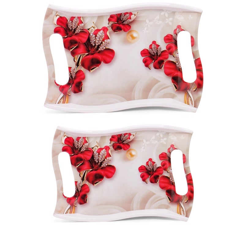 Home Pro Home-Pro - Melamine Serving Tray Set of 2 | 2 Different Sizes | Rose Petals Design | Ideal for Serving Snacks/Tea/Coffee | Tray Medium & Small Sizes - Image 1