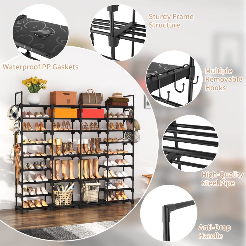 ROJASOP Large Shoe Rack Organizer for Entryway Closet 64-68 Pairs 9-Tier Heavy Duty Tall Garage Shoe Rack Shoe Shelf Shoes Storage with 18 Pcs Removable Side Hooks for Bedroom and Garage Black - Image 3