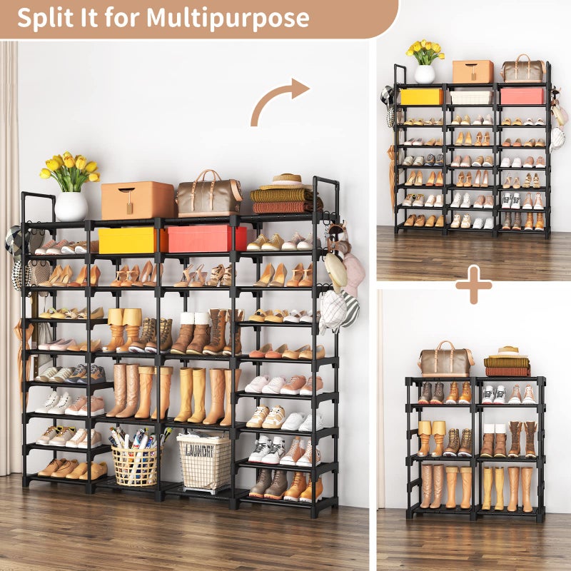 ROJASOP Large Shoe Rack Organizer for Entryway Closet 64-68 Pairs 9-Tier Heavy Duty Tall Garage Shoe Rack Shoe Shelf Shoes Storage with 18 Pcs Removable Side Hooks for Bedroom and Garage Black - Image 5