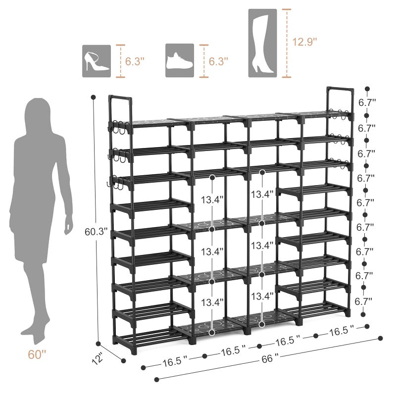 ROJASOP Large Shoe Rack Organizer for Entryway Closet 64-68 Pairs 9-Tier Heavy Duty Tall Garage Shoe Rack Shoe Shelf Shoes Storage with 18 Pcs Removable Side Hooks for Bedroom and Garage Black - Image 4