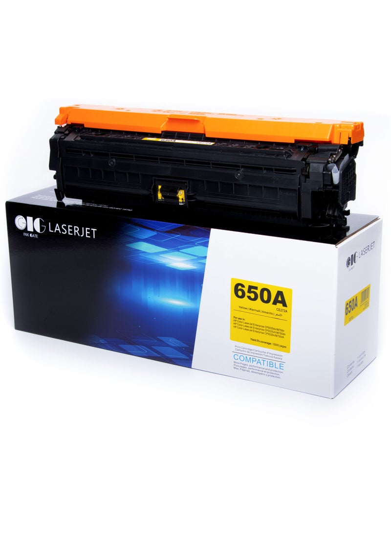 IG Compatible Yellow Toner Cartridge – 650A / CE272A – For HP Color LaserJet Enterprise CP5520 / CP5525 – Up to 15,000 Pages - Image 1