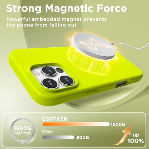COFFKER Magnetic for iPhone 16 Pro Max Case, Compatible with MagSafe, Liquid Silicone Phone Cover with Screen Protector & Camera Protector, Soft Anti-Scratch Microfiber Lining 6.9", Neon Yellow - Image 5