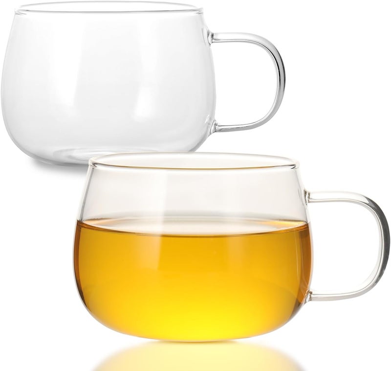 GURUDAR Glass Tea Cups Set of 2, Clear Borosilicate Glass Teacups with Handle for Tealover, Dishwasher & Microwave Safe Large Coffee Mugs for Espresso Cappuccino Latte Juice, 12OZ/360ML - Image 1