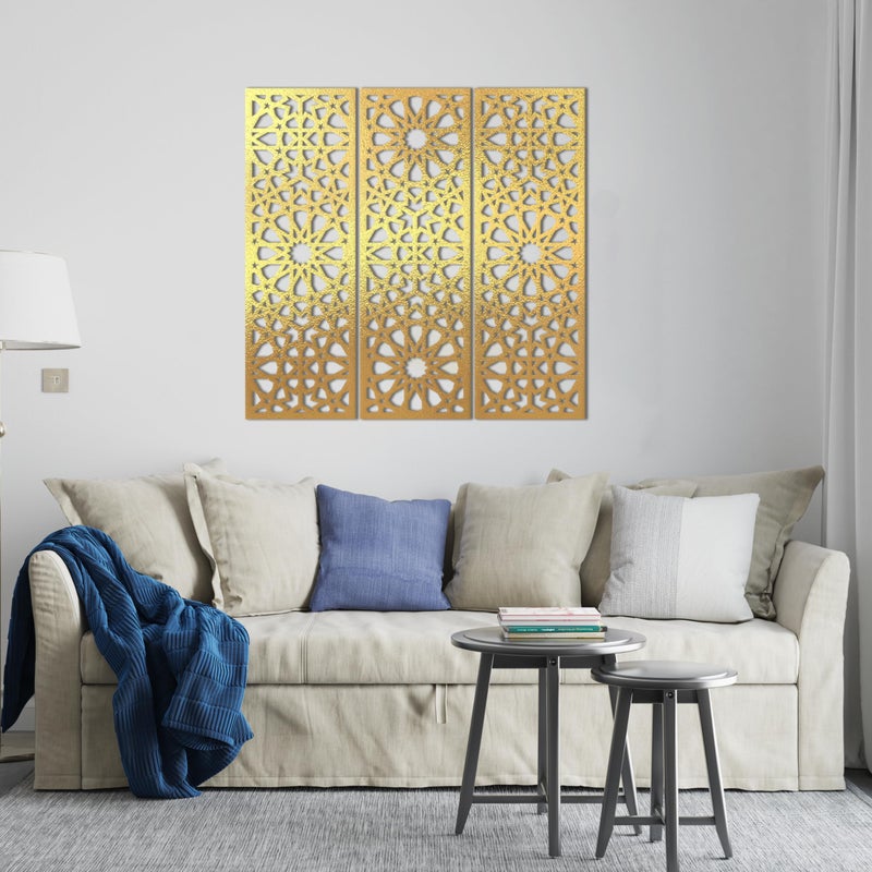 Home gallery Decorative arabesque style wooden wall Art 3 panels 80X80 cm Gold