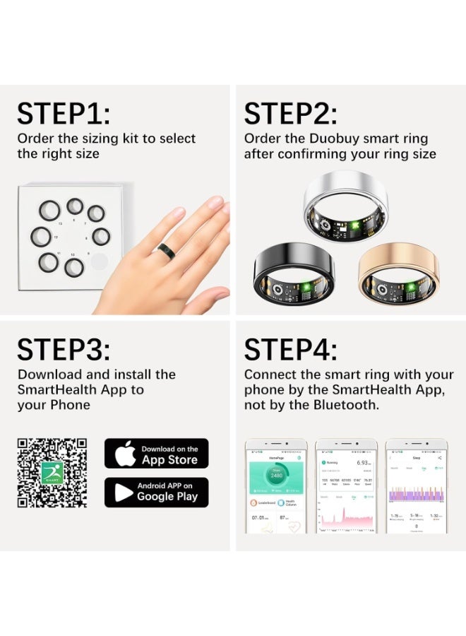 Smart Ring, Health Tracker for Women Men, Fitness Tracker with Heart Rate, Blood Oxygen, Sleep Monitor, Calories, Step Counter, IP68 Waterproof Smart Ring for iPhone u0026 Android, No Subscription Fee (Black, 8#) - Image 2