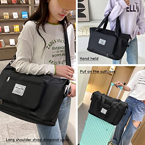 MINGRI Large Foldable Travel BagFoldie Travel Duffel Bags Expandable Women Carry On Overnight Tote Handbag Weekender Sports DuffleFolding Portable Tote Bags with Trolley SleeveDry and Wet Separation - Image 3