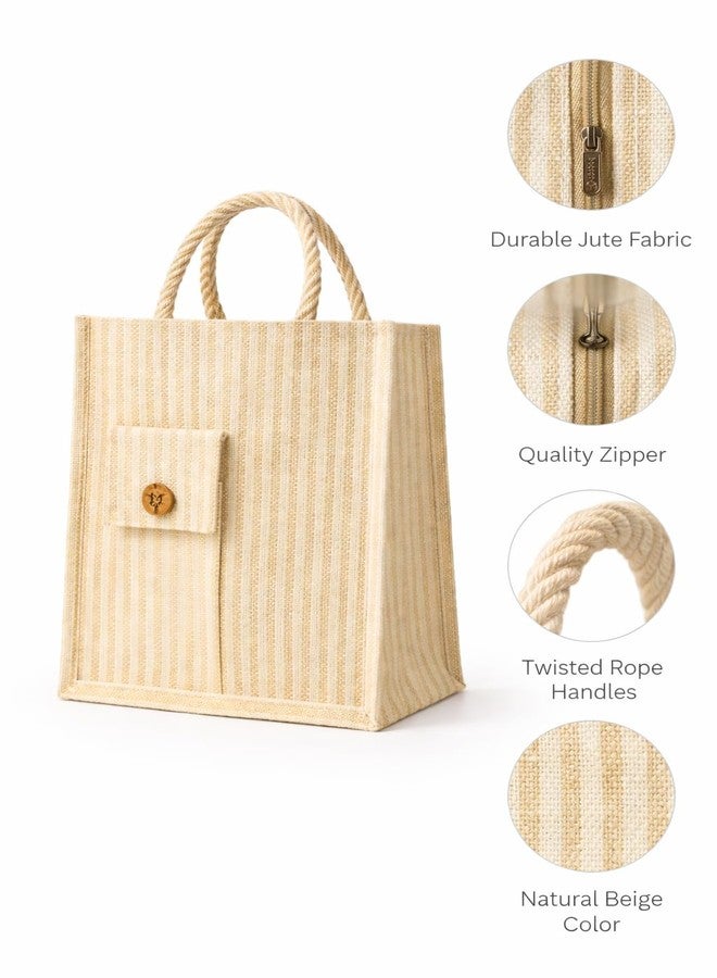 MOZU BAZAAR Jute Lunch Bag with Zipper | Jute Carry Bag for Office Tiffin for Men & Women | Reusable Jute Shopping & Grocery Bag | Medium | Brown - Image 4