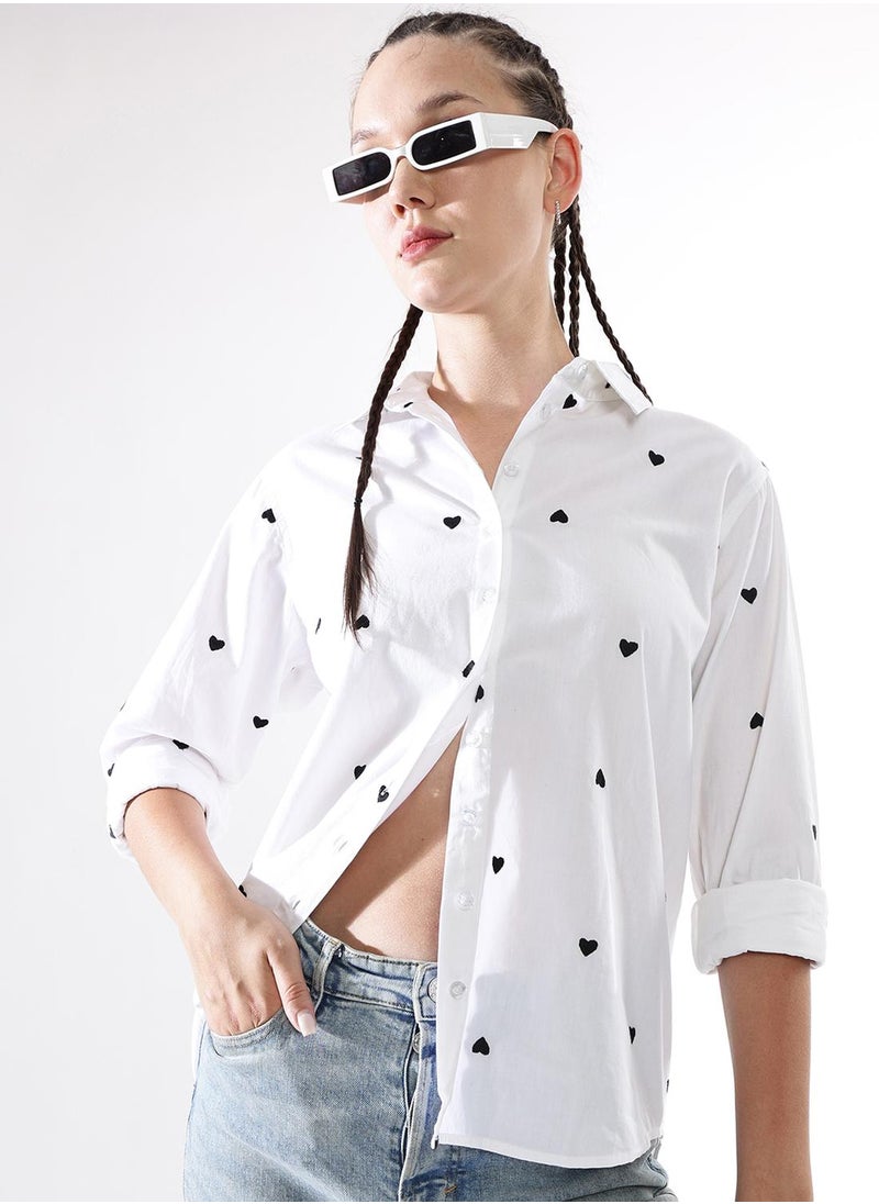 Hubberholme Women Comfort Heart Shape Oversized Embroidered Casual Shirt  - Image 1