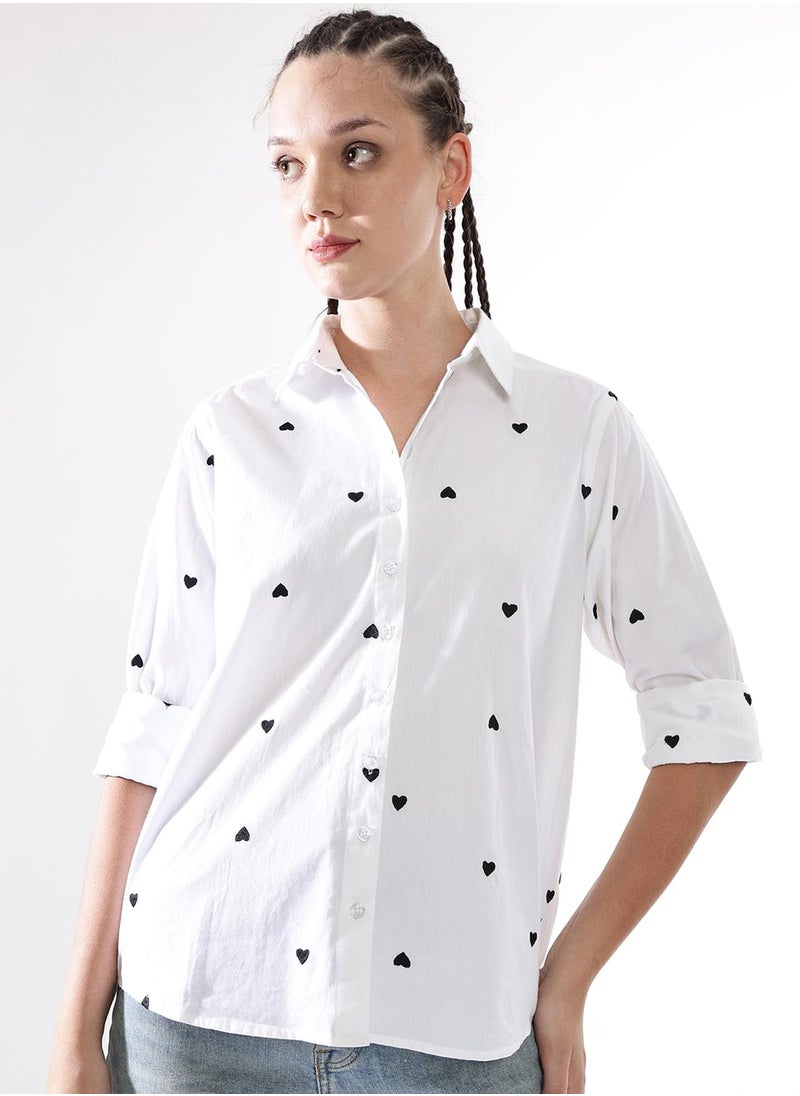 Hubberholme Women Comfort Heart Shape Oversized Embroidered Casual Shirt  - Image 3