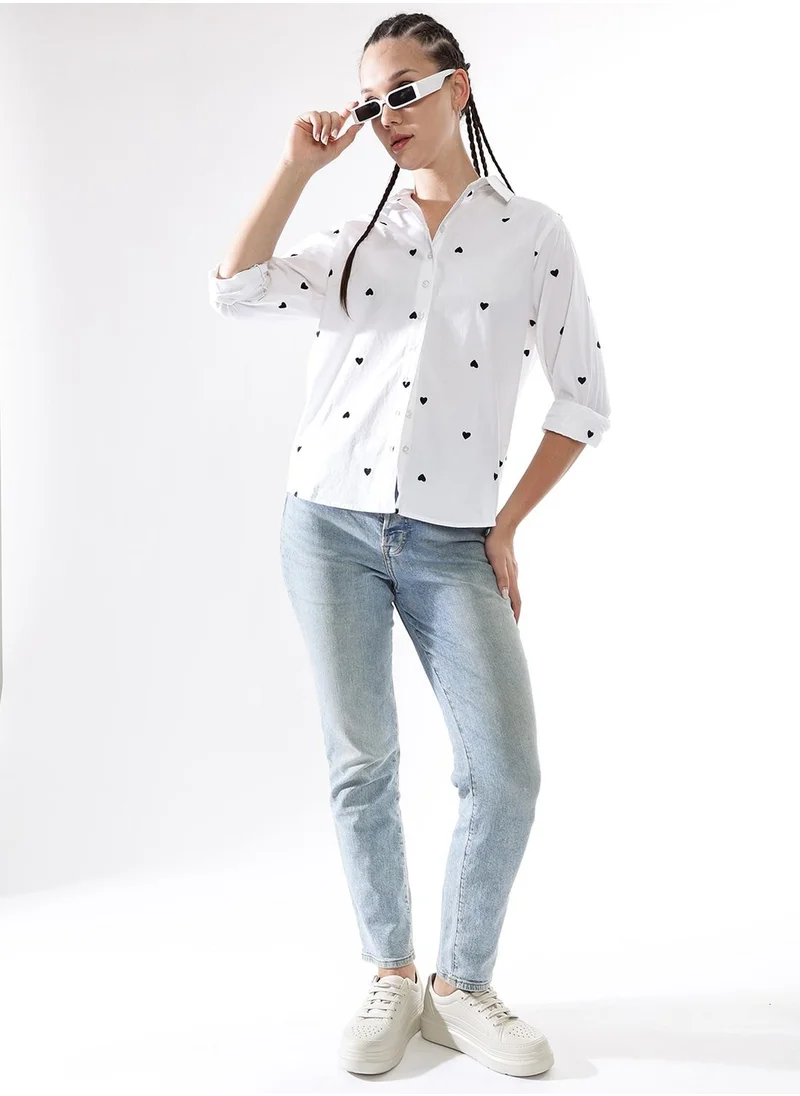 Hubberholme Women's Multicoloured 100% Cotton Embroidered Button Down Oversized Shirt