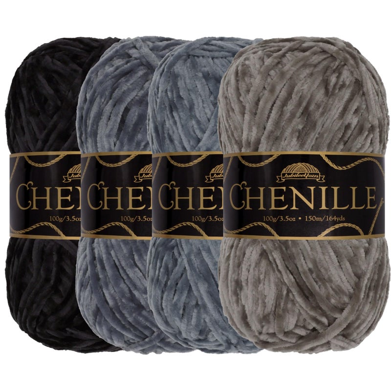 BambooMN JubileeYarn Chenille Yarn  100gSkein Worsted Weight  Shades of Grey  Velvet Assorted Colors Pack  4 Skeins