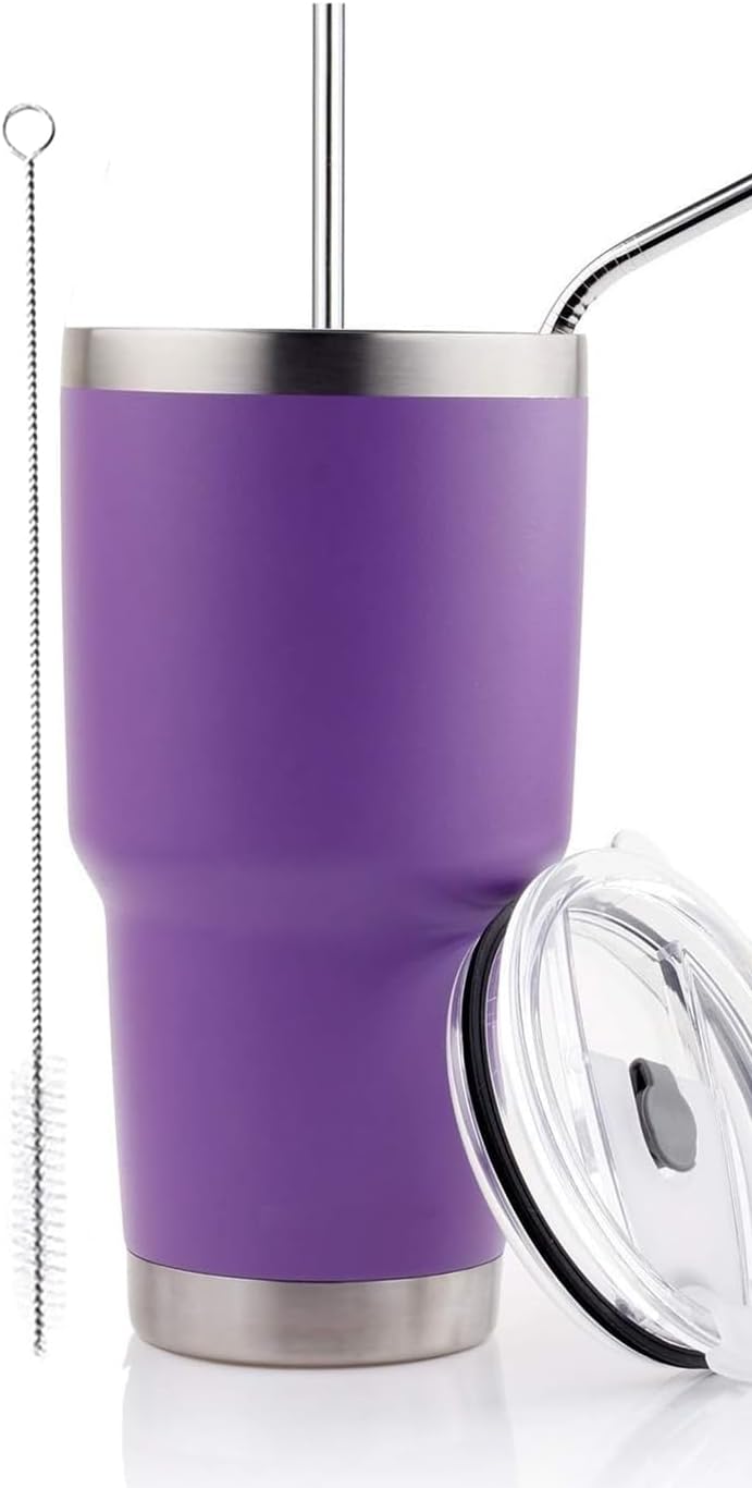 DS 30oz Purple Tumbler Stainless Steel Double Wall Vacuum Insulated Mug with Straw and Lid, Cleaning Brush for Cold and Hot Beverages (30oz Purple)… - Image 1