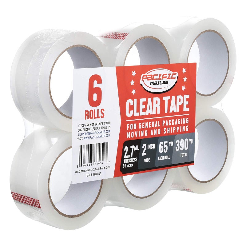 Pacific Mailer Clear Packing Tape Heavy Duty Packaging Carton Tape for Shipping Packaing Moving Sealing 2 Inch Wide 27mil Thickness 65 Yards Per Roll Pack of 6