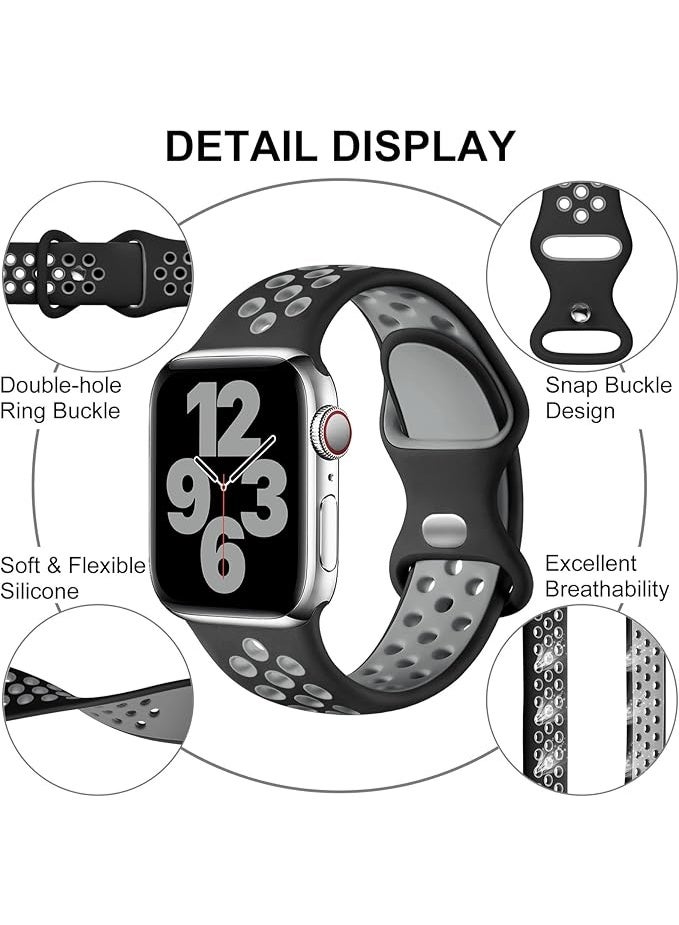 Breathable Silicone Sport Band with Double Hole Snap, Compatible with Apple Watch 42mm 44mm 45mm 46mm 49mm, iWatch Ultra 2 SE Series 10 9 8 7 6 5 4 3 2 1_ Black & Gray - Image 2