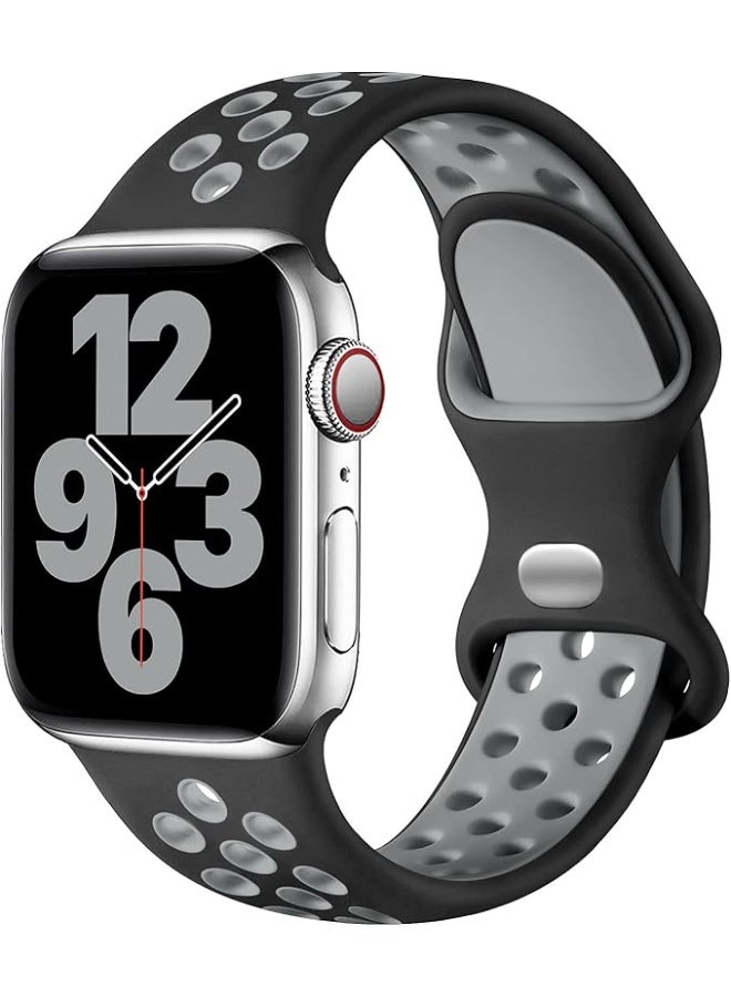 Breathable Silicone Sport Band with Double Hole Snap, Compatible with Apple Watch 42mm 44mm 45mm 46mm 49mm, iWatch Ultra 2 SE Series 10 9 8 7 6 5 4 3 2 1_ Black & Gray - Image 1