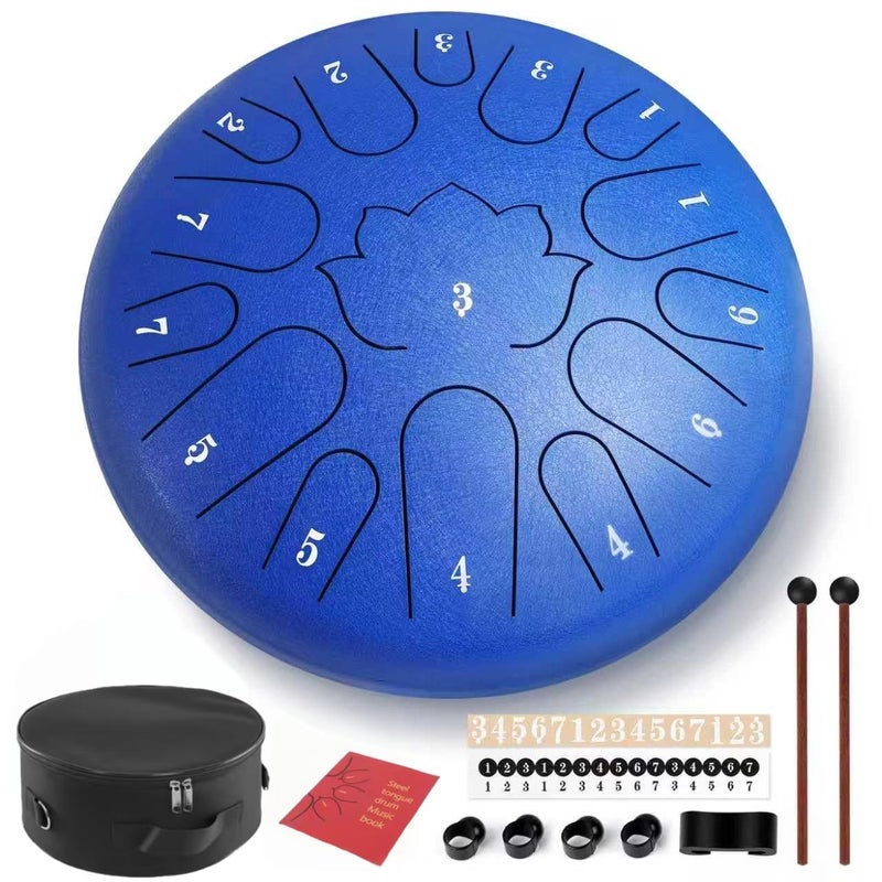Weipoken Steel Tongue Drum - 15 Note 12 Inch C Major Handpan Drum for Meditation and Beginners, with Music Book, Rain Drum Mallets, and Carrying Case (Blue, 12 Inch) - Image 1
