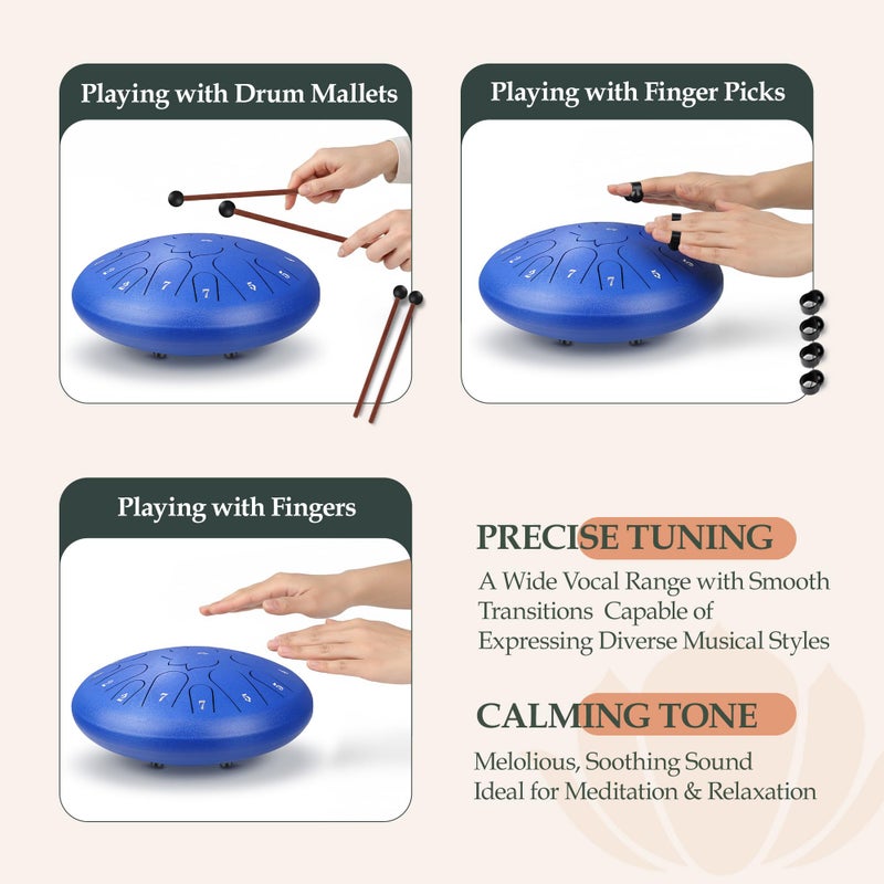 Weipoken Steel Tongue Drum - 15 Note 12 Inch C Major Handpan Drum for Meditation and Beginners, with Music Book, Rain Drum Mallets, and Carrying Case (Blue, 12 Inch) - Image 4