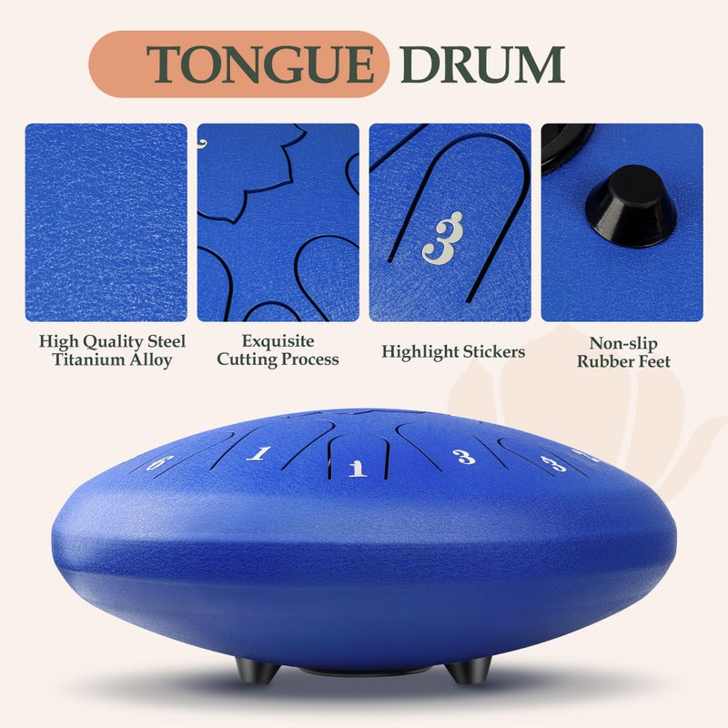 Weipoken Steel Tongue Drum - 15 Note 12 Inch C Major Handpan Drum for Meditation and Beginners, with Music Book, Rain Drum Mallets, and Carrying Case (Blue, 12 Inch) - Image 5