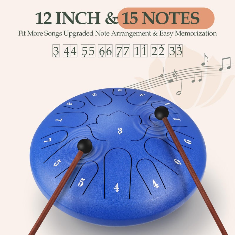 Weipoken Steel Tongue Drum - 15 Note 12 Inch C Major Handpan Drum for Meditation and Beginners, with Music Book, Rain Drum Mallets, and Carrying Case (Blue, 12 Inch) - Image 3