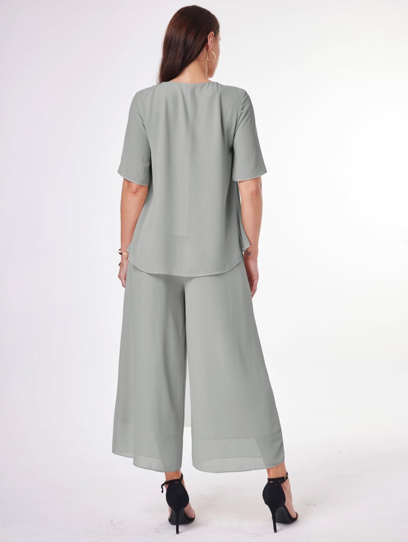 heipeiwa Women's 2 Piece Chiffon Sets Outfits Flowy Summer Casual Dressy Pantsuits Loose Double Layers Blouse Pants Sets Light Grey - Image 2