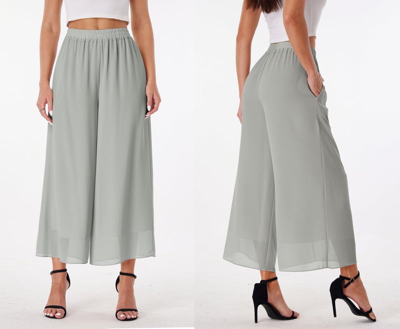 heipeiwa Women's 2 Piece Chiffon Sets Outfits Flowy Summer Casual Dressy Pantsuits Loose Double Layers Blouse Pants Sets Light Grey - Image 3