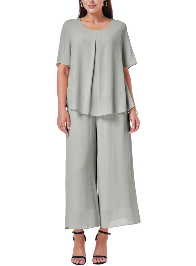 heipeiwa Women's 2 Piece Chiffon Sets Outfits Flowy Summer Casual Dressy Pantsuits Loose Double Layers Blouse Pants Sets Light Grey - Image 4
