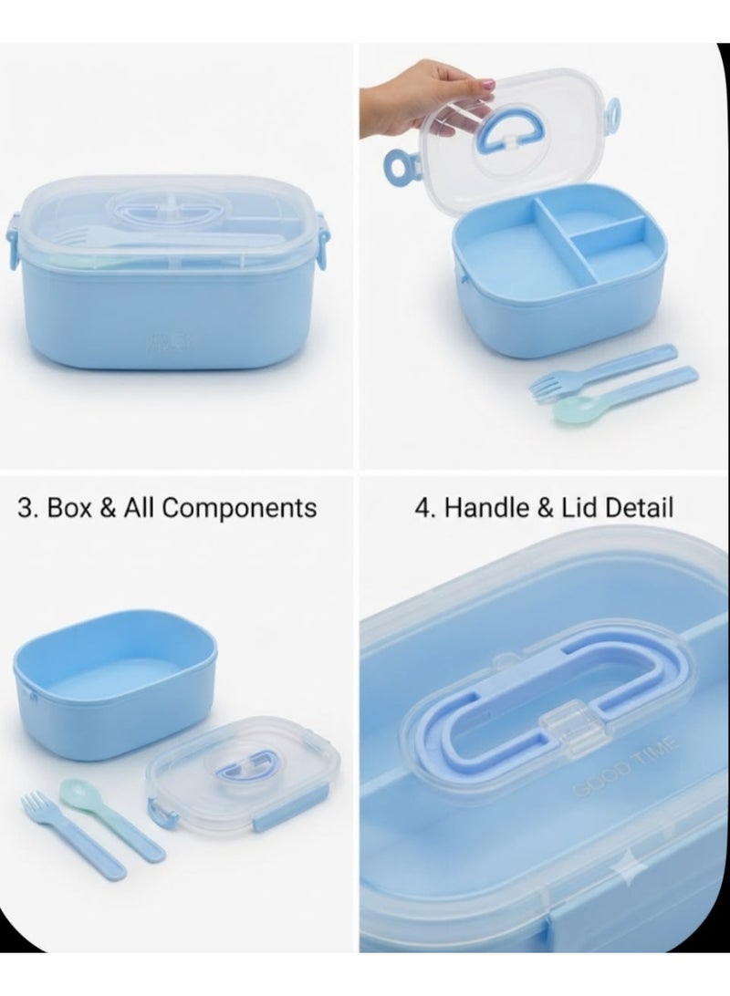 A 2-tier lunch box featuring three compartments and an airtight lid to keep food fresh, available in various colors.