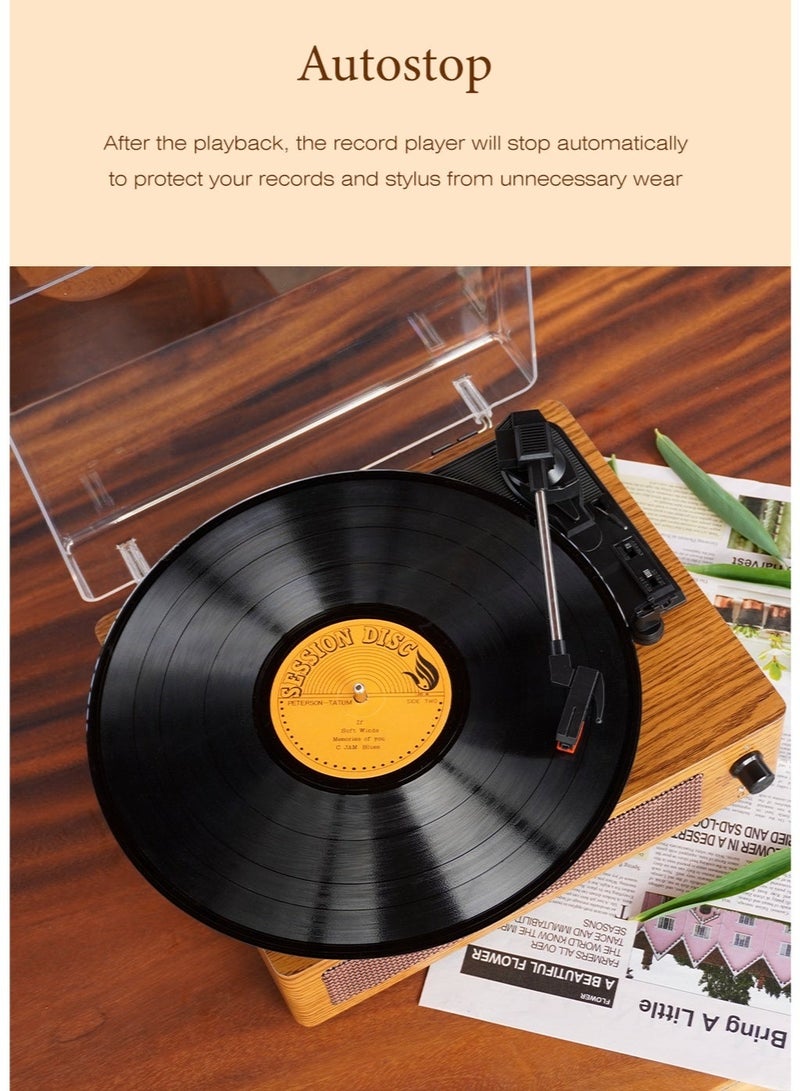 WALALLA Retro Record Player with Speaker Bluetooth Turntable Vintage Vinyl Player Support USB AUX-in Headphone RCA Line-Out 3 Speed Belt-Driven Auto-Stop - Image 3