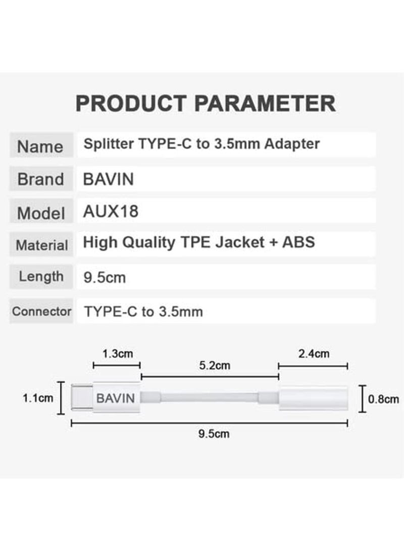 BAVIN Type-C to 3.5mm Female Aux Audio Connector Adapter for Headphones and Earphones - Image 4