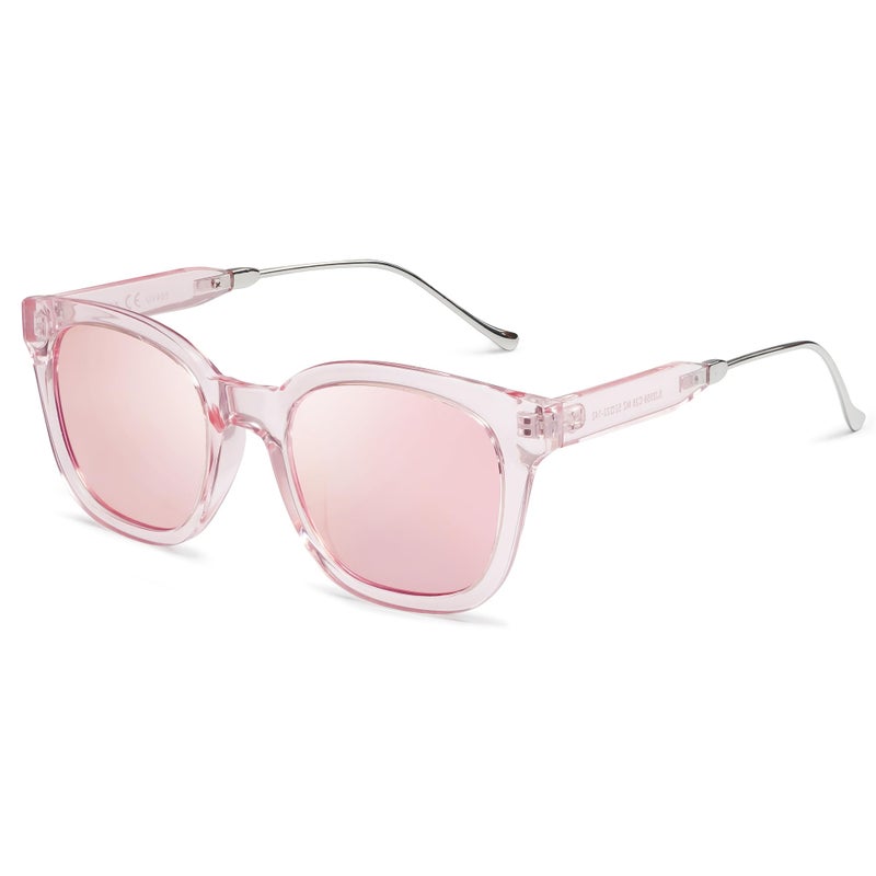 SOJOS Classic Square Polarized Sunglasses Womens Mens Retro Trendy UV400 Sunnies SJ2050, Clear Pink/Pink Mirrored - Image 1