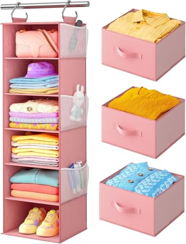 Pipishell Hanging Closet Organizer 6Shelf Hanging Shelves for Closet with 3 Removable Drawers Side Pockets for Bedroom Garment Rack and Wardrobe Organization 12 x 12 x 433 Pink