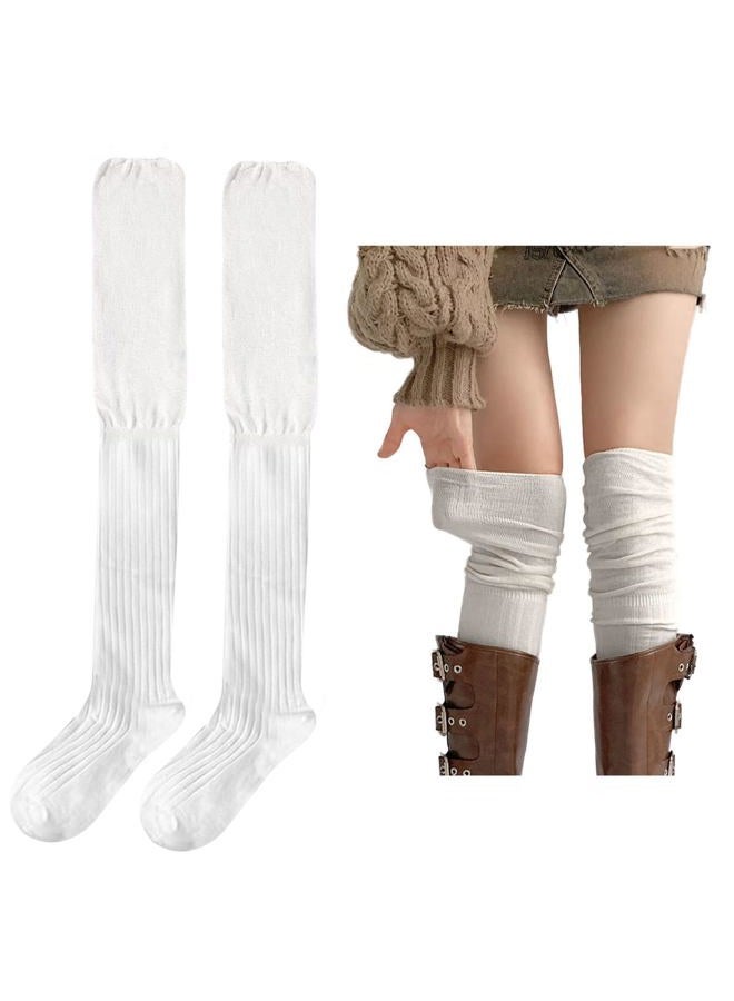 huablo Over Knee High Boot Socks Slouch Top Over Knee Knit High Socks Fashion Over Calf High Thigh Socks for Women White - Image 1