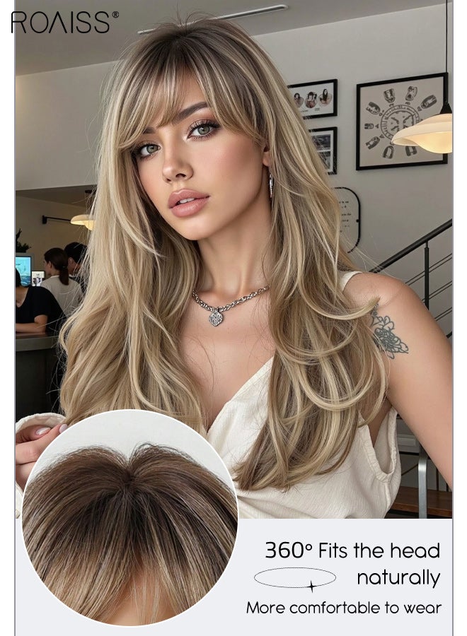 رويس شعر مستعار بني متدرج مجعد مع غرة في المنتصف للنساء، شعر مستعار صناعي ناعم ورقيق ومقاوم للحرارة، مناسب لحفلات الزفاف والتنكر والاستخدام اليومي، مظهر طبيعي، طوله 55.88 سم (22 بوصة). - Image 4