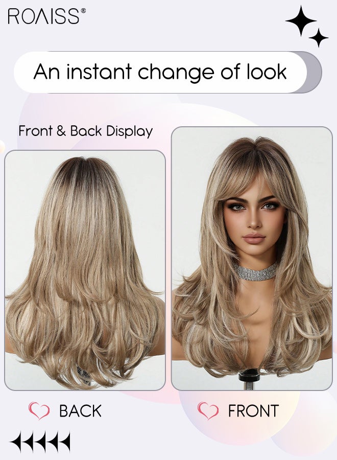 رويس شعر مستعار بني متدرج مجعد مع غرة في المنتصف للنساء، شعر مستعار صناعي ناعم ورقيق ومقاوم للحرارة، مناسب لحفلات الزفاف والتنكر والاستخدام اليومي، مظهر طبيعي، طوله 55.88 سم (22 بوصة). - Image 2