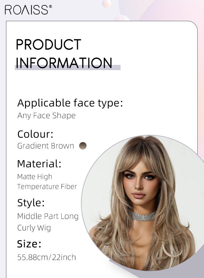رويس شعر مستعار بني متدرج مجعد مع غرة في المنتصف للنساء، شعر مستعار صناعي ناعم ورقيق ومقاوم للحرارة، مناسب لحفلات الزفاف والتنكر والاستخدام اليومي، مظهر طبيعي، طوله 55.88 سم (22 بوصة). - Image 3