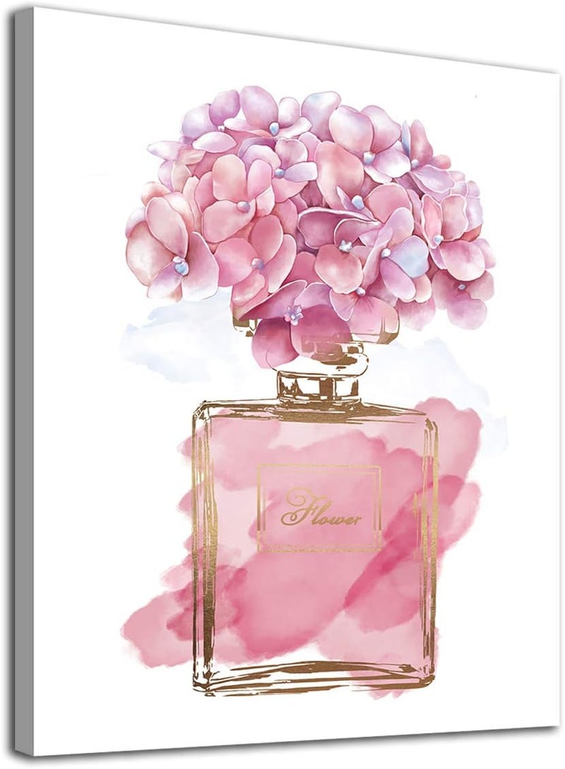 tigeridge Pink Flowers Wall Art Fashion Canvas Pictures Girls Bedroom Wall Decor Watercolor Hydrangea Contemporary Canvas Artwork Botanic Perfume Bottle Living Room Bathroom Decor Framed Ready to Hang 12" x 16" - Image 1