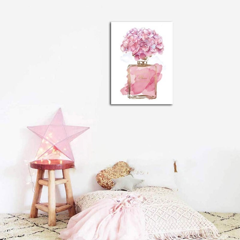 tigeridge Pink Flowers Wall Art Fashion Canvas Pictures Girls Bedroom Wall Decor Watercolor Hydrangea Contemporary Canvas Artwork Botanic Perfume Bottle Living Room Bathroom Decor Framed Ready to Hang 12" x 16" - Image 2