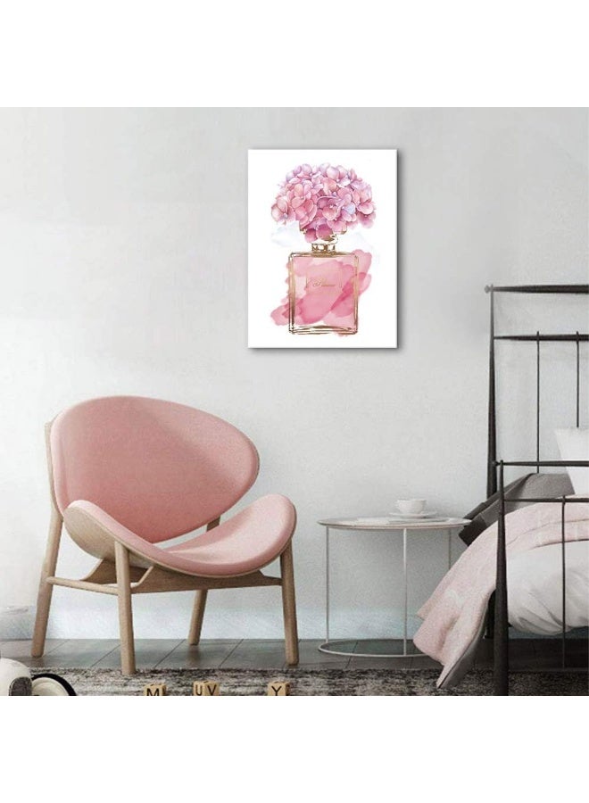 tigeridge Pink Flowers Wall Art Fashion Canvas Pictures Girls Bedroom Wall Decor Watercolor Hydrangea Contemporary Canvas Artwork Botanic Perfume Bottle Living Room Bathroom Decor Framed Ready to Hang 12" x 16" - Image 4