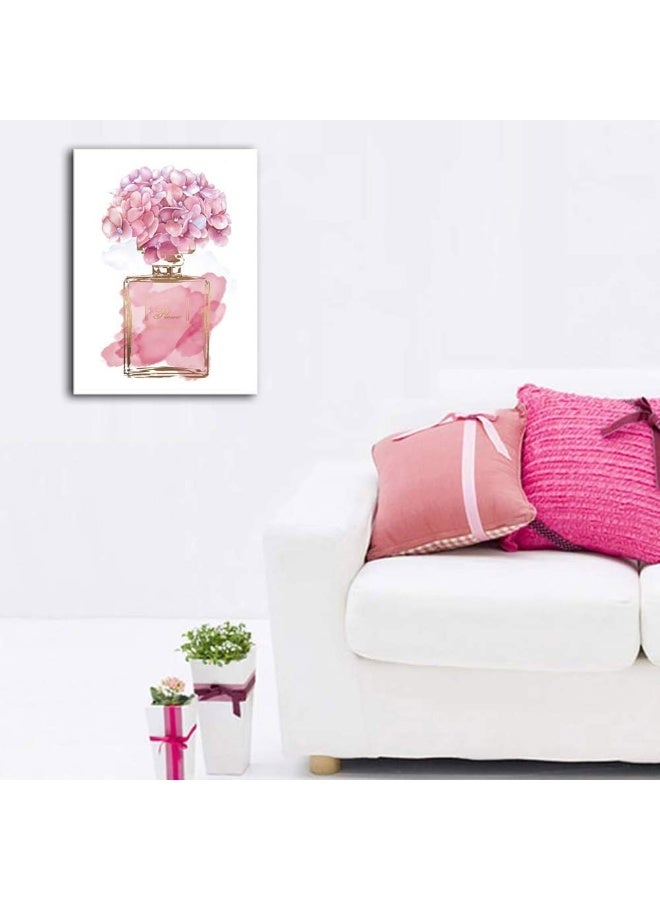 tigeridge Pink Flowers Wall Art Fashion Canvas Pictures Girls Bedroom Wall Decor Watercolor Hydrangea Contemporary Canvas Artwork Botanic Perfume Bottle Living Room Bathroom Decor Framed Ready to Hang 12" x 16" - Image 3