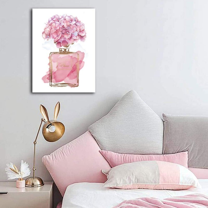 tigeridge Pink Flowers Wall Art Fashion Canvas Pictures Girls Bedroom Wall Decor Watercolor Hydrangea Contemporary Canvas Artwork Botanic Perfume Bottle Living Room Bathroom Decor Framed Ready to Hang 12" x 16" - Image 5